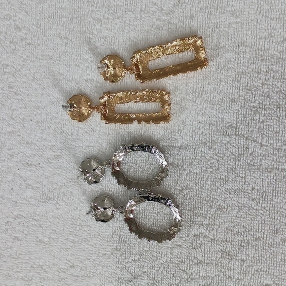 WOMEN'S Geometric Chunky Drop Silver and Gold Earring Set. Set of 2. - Picture 6 of 12